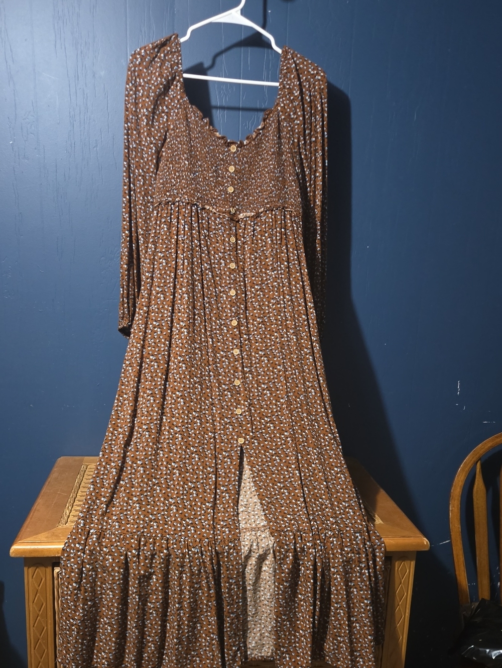 Brown Floral Button-Front Long Sleeve Maxi Dress